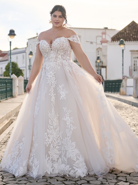 Plus Size Ruched Ballgown Wedding Dress with Off-the-Shoulder