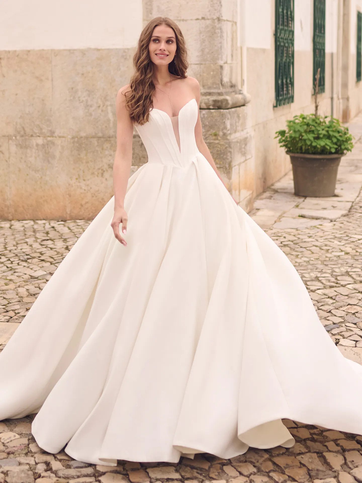 Maggie Sottero Derrick satin v-neckline bridal gown front view