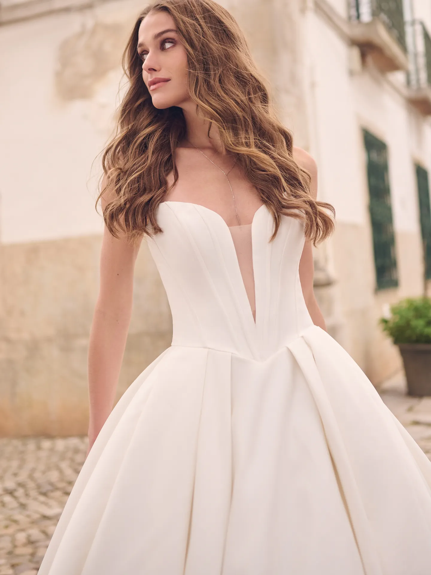 Maggie Sottero Derrick satin V-neck ballgown front view