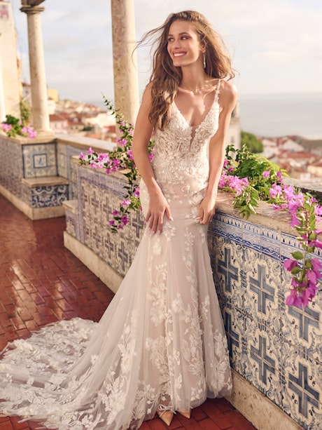 Flirty Lace Fit-and-Flare Wedding Dress with Deep Plunging Neckline