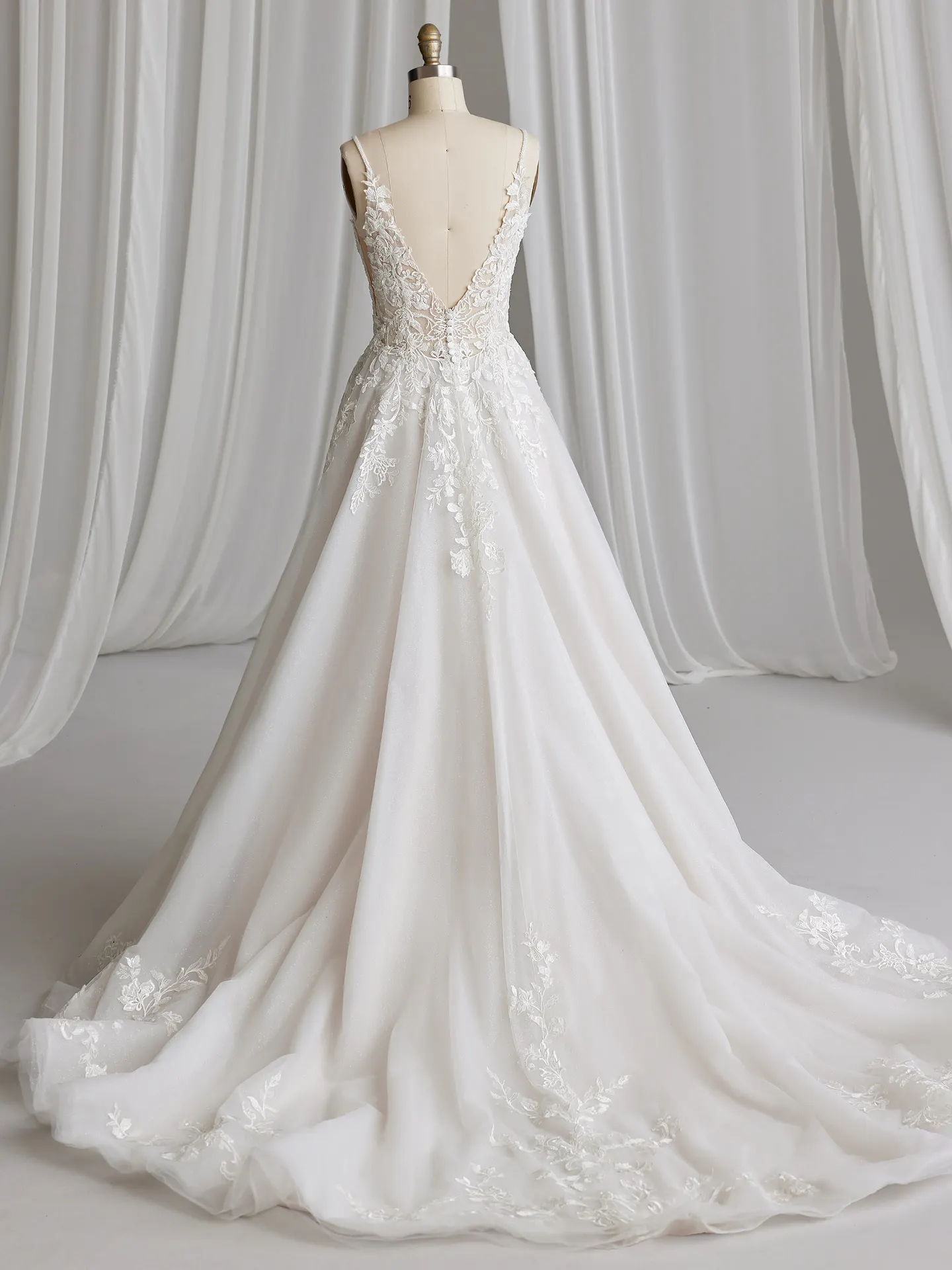Rebecca Ingram Lizzy back view A-line sequin wedding gown with floral lace details