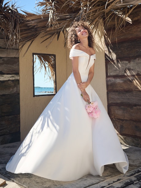 Maggie Sottero 12 Wedding Dress Fiorella Alabaster Satin Bling Ball Gown  Draping