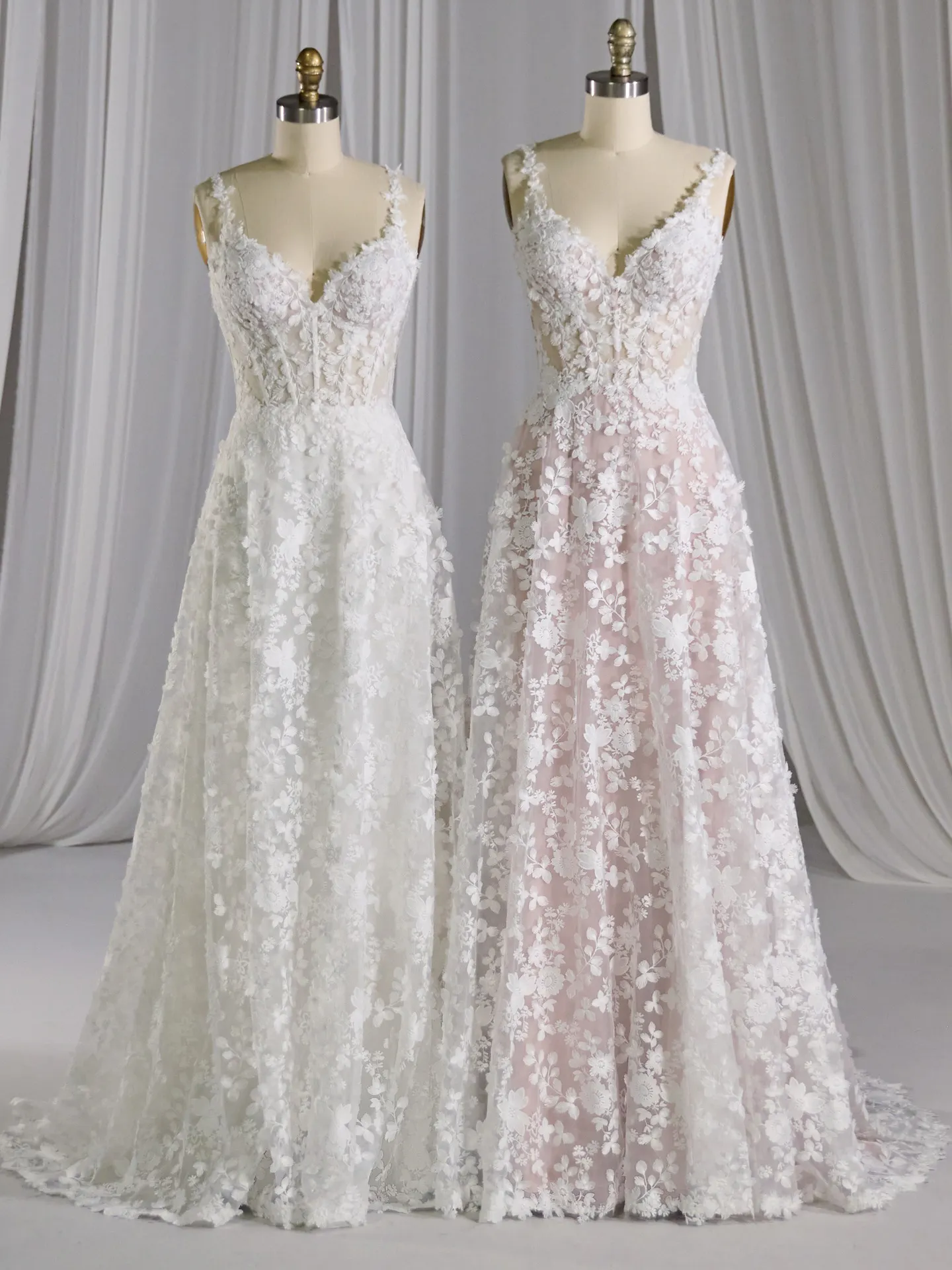 Maggie Sottero Ladonna wedding dress with 3D floral lace, front view.