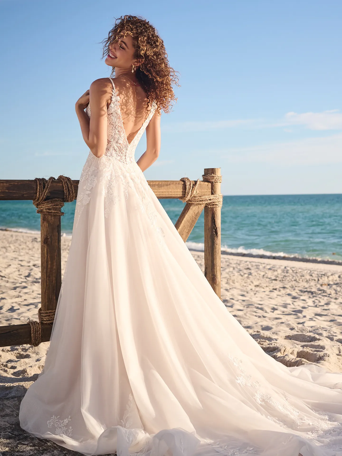 Rebecca Ingram Lizzy back view A-line sequin gown on beach.