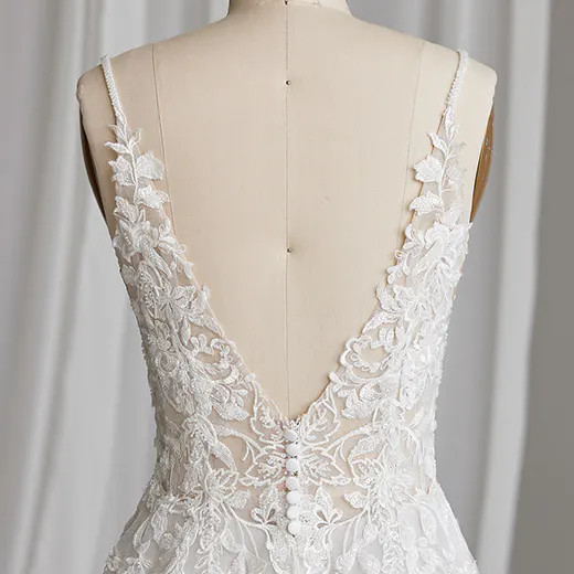 Rebecca Ingram Lizzy V-neck sequin A-line gown back view, white lace buttons down center.
