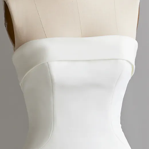 Rebecca Ingram Francine, straight neckline crepe bridal dress, front view.