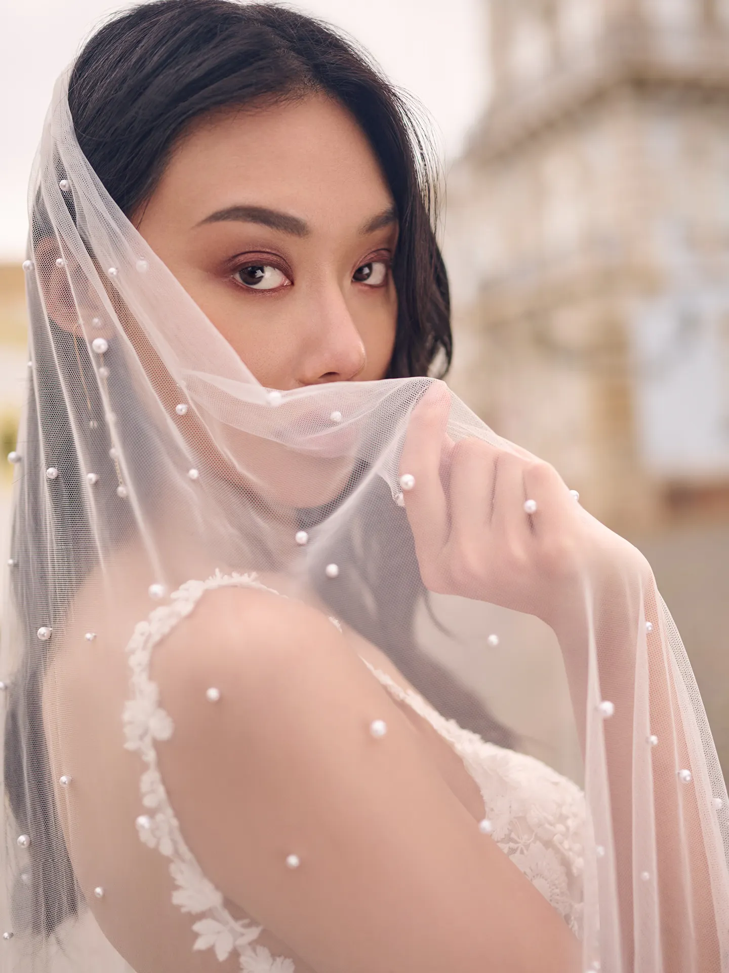 Ladonna fingertip-length veil with pearl details, Maggie Sottero