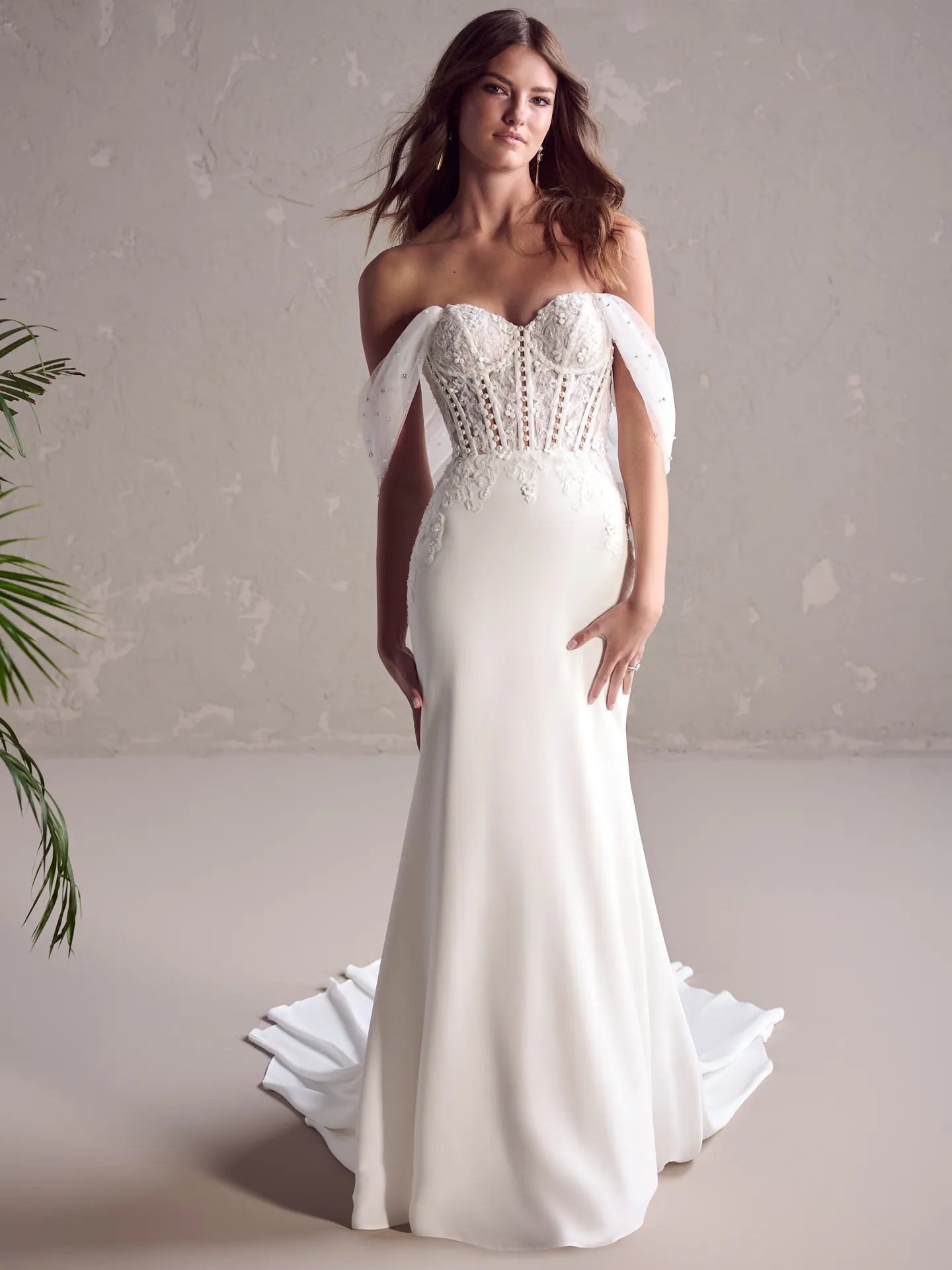 Maggie Sottero Doritte crepe wedding dress front view