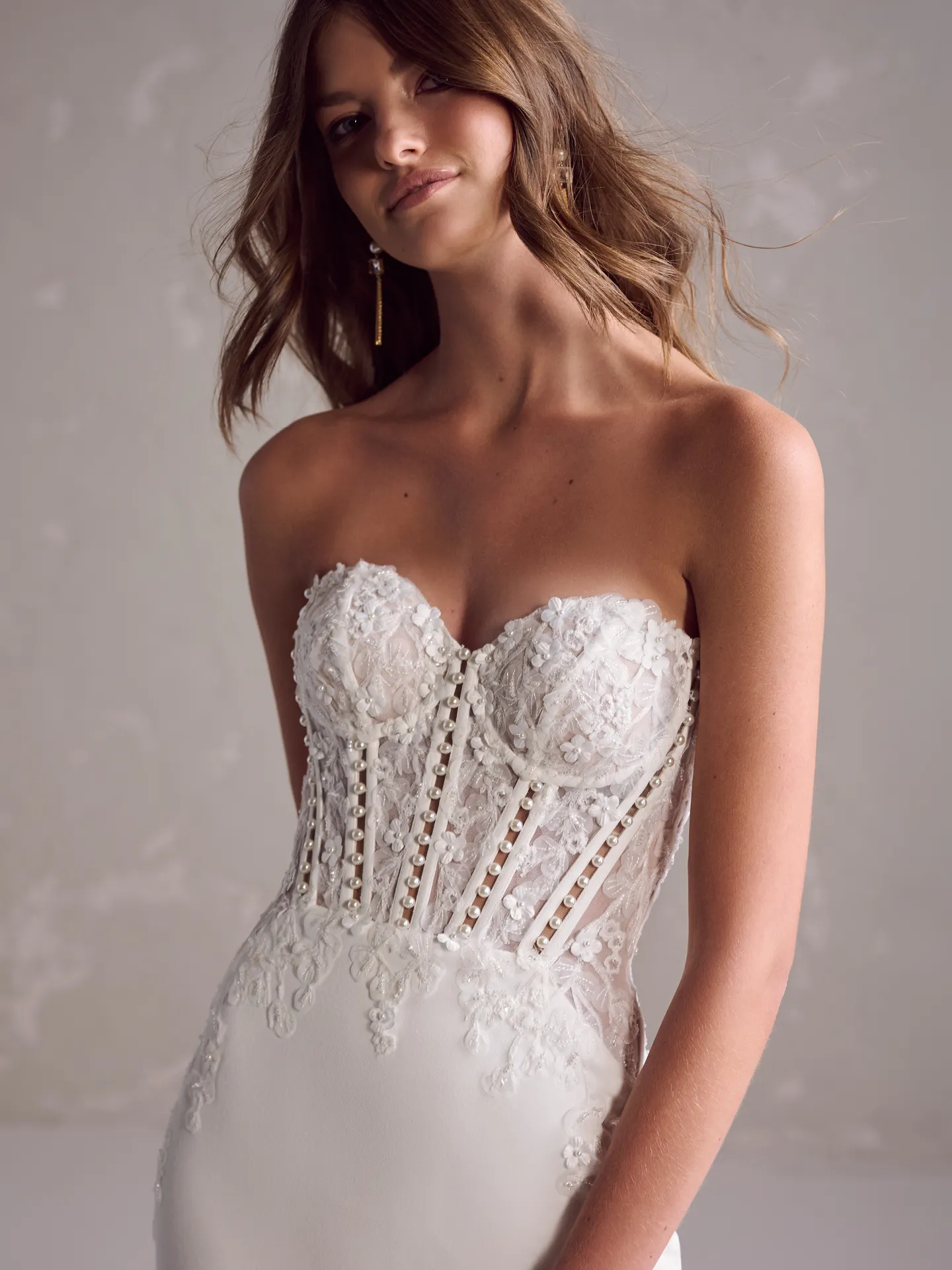 Maggie Sottero Doritte front view lace bodice with pearls