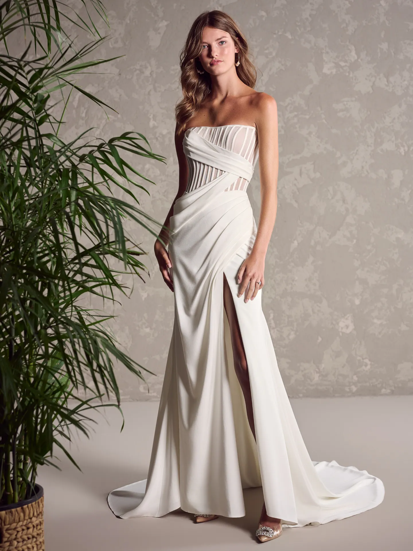 gabrielle formal high slit satin dress Grecian-Inspired Crepe Wedding | Maggie Sottero June25_Drop