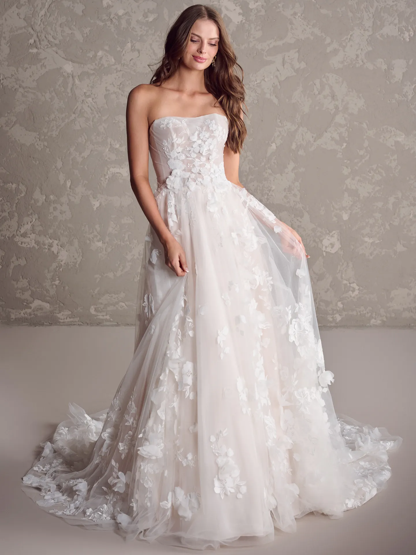 Maggie Sottero Laila front view, 3D floral wedding gown, strapless, A-line style.