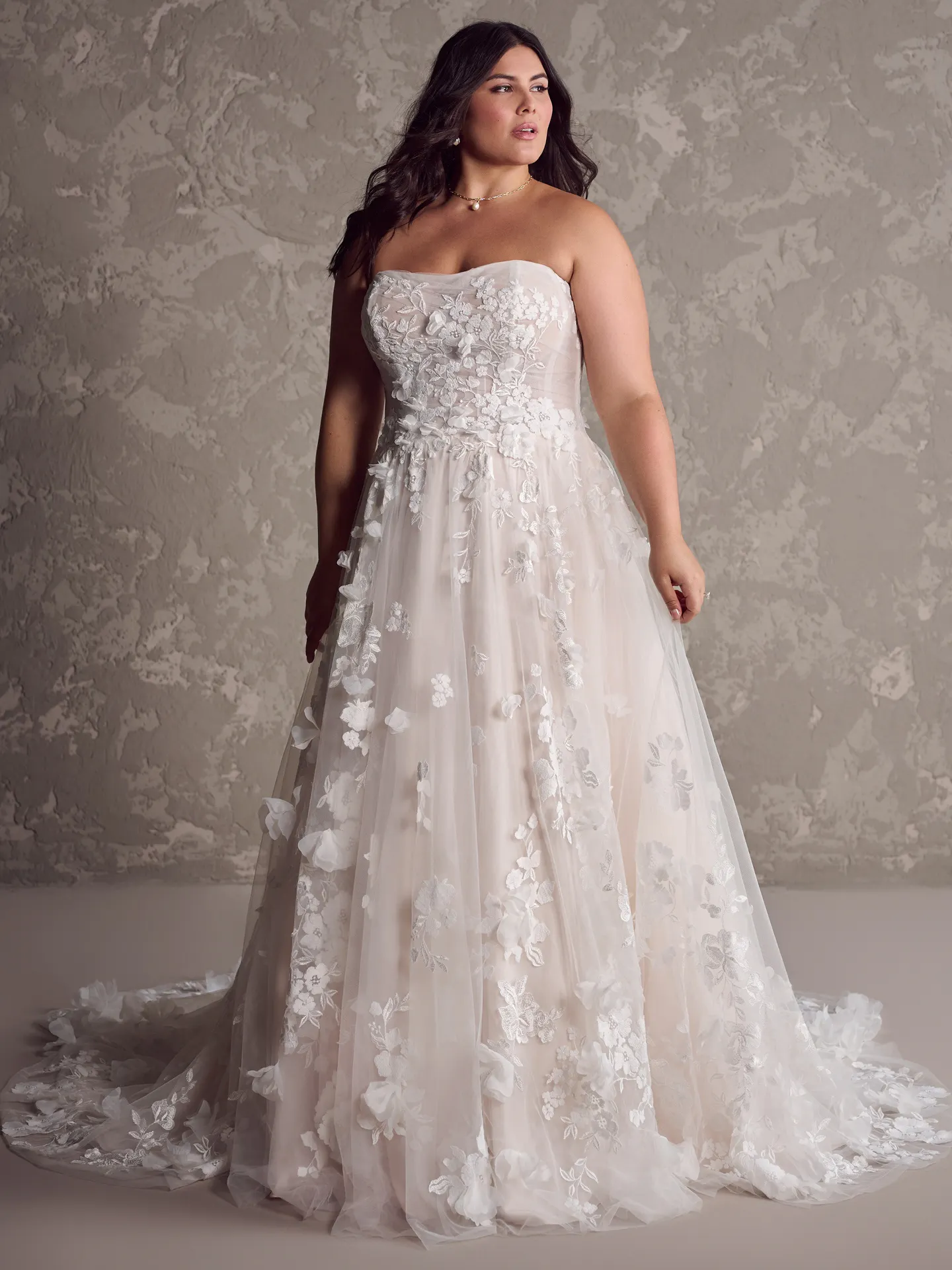 Maggie Sottero Laila floral gown front view with 3D details.