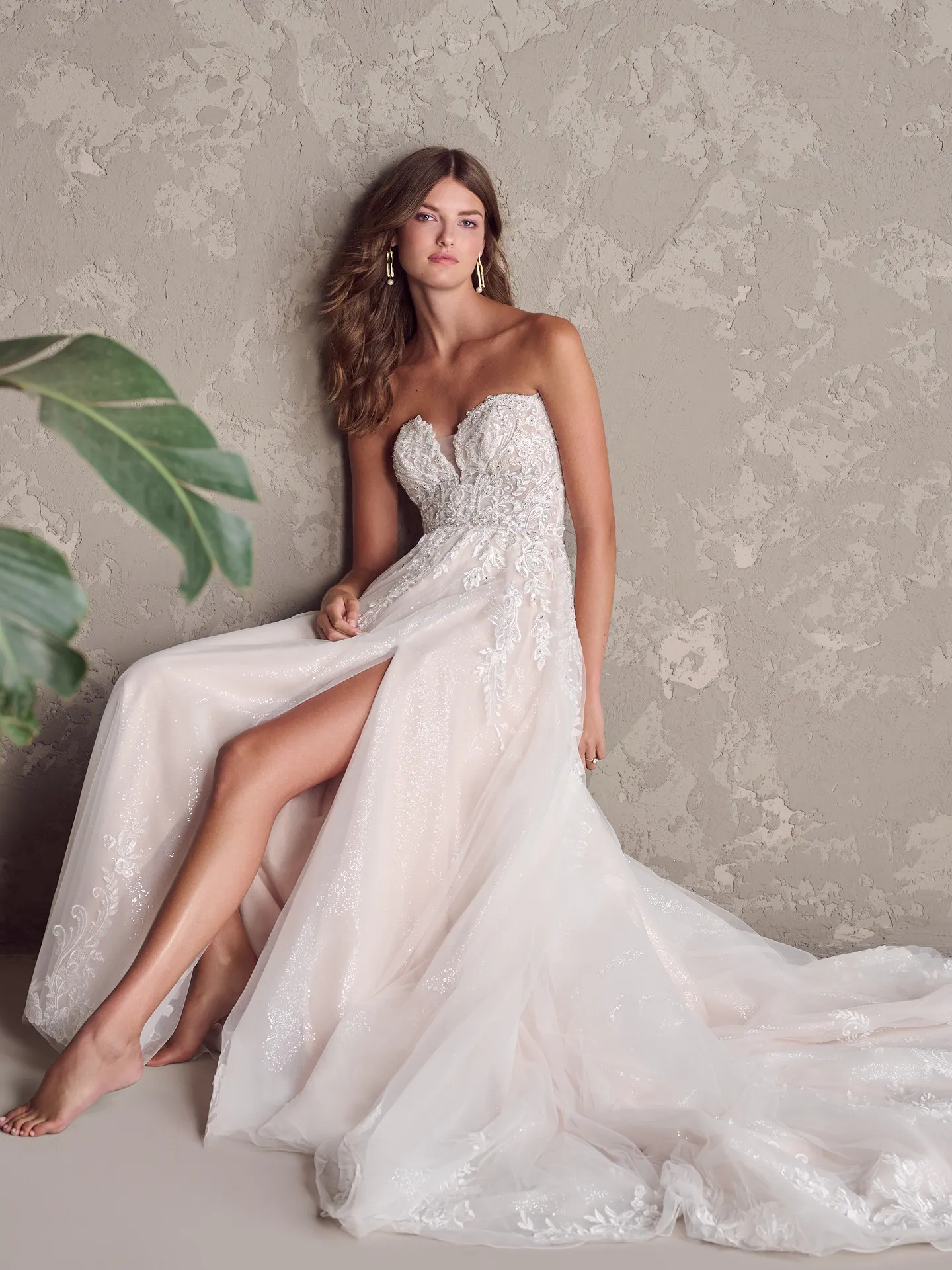 marguerite a-line bridal gown thigh-high slit front view maggie sottero