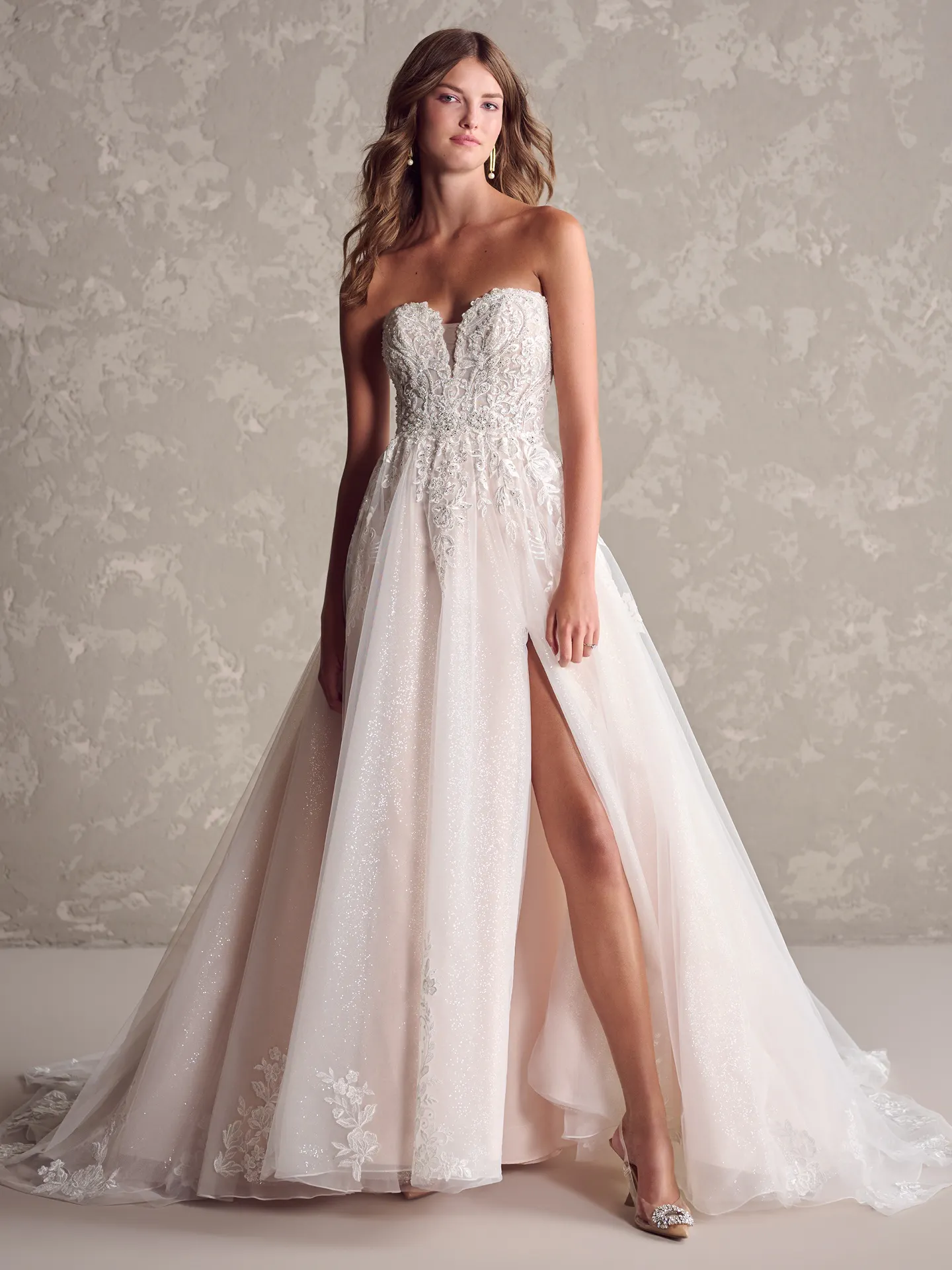Maggie Sottero Marguerite front view A-line gown with thigh-high slit