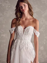 Off-The-Shoulder Beaded Lace Fairytale-Inspired Bridal Dress Cap-Sleeves