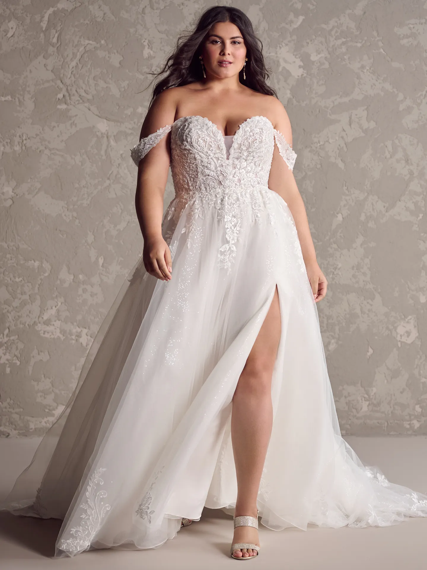 Maggie Sottero Marguerite A-line bridal gown front view with thigh-high slit.