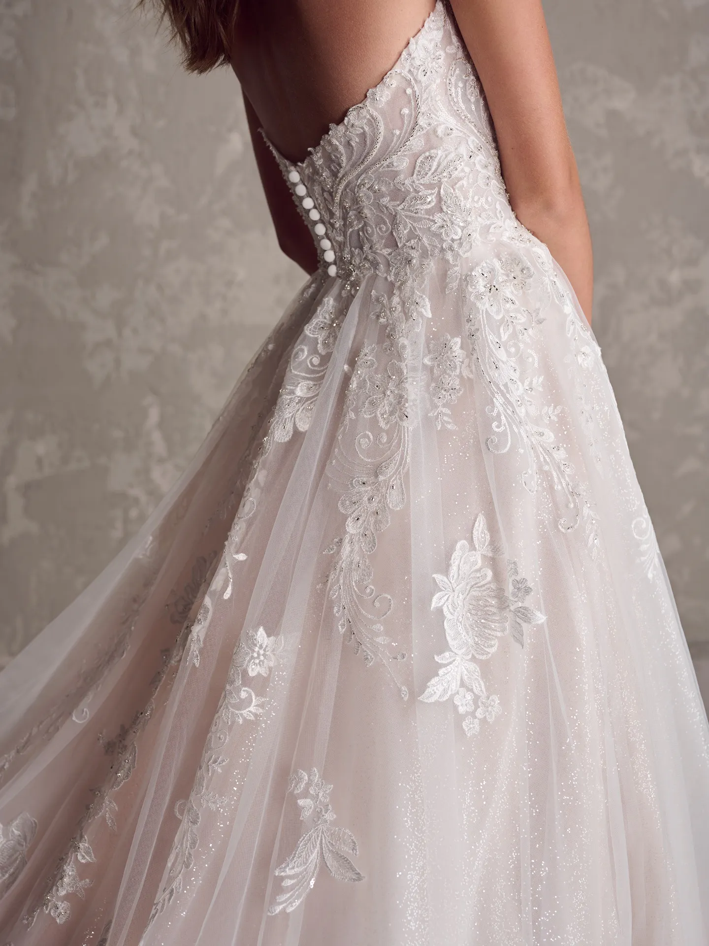 Marguerite A-Line bridal gown, back view, lace details, Maggie Sottero.