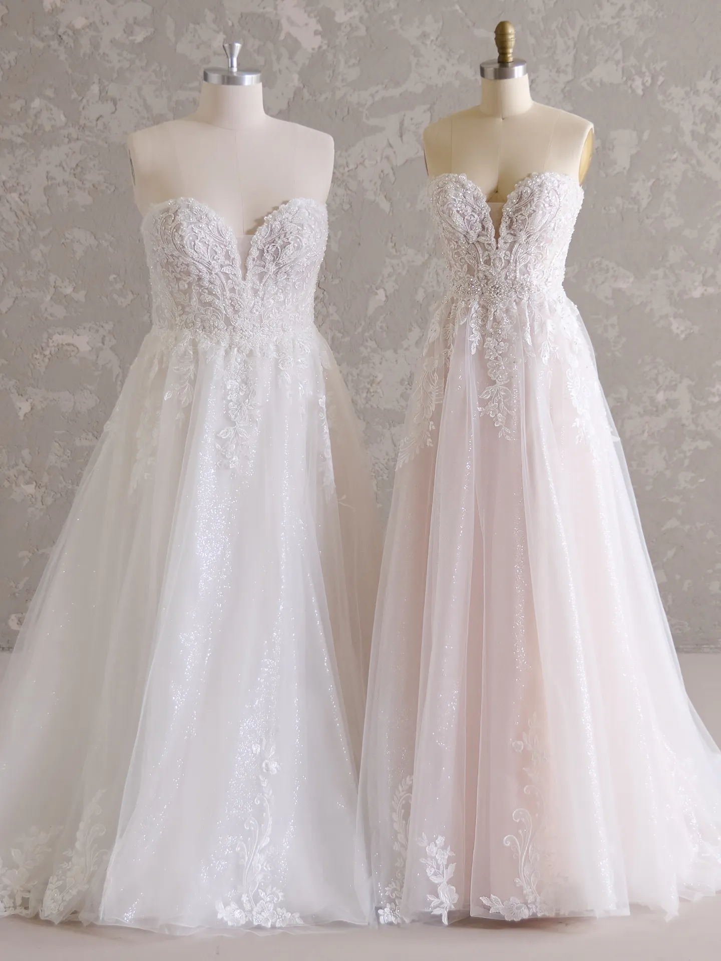 Maggie Sottero Marguerite A-Line bridal gown front view on mannequins
