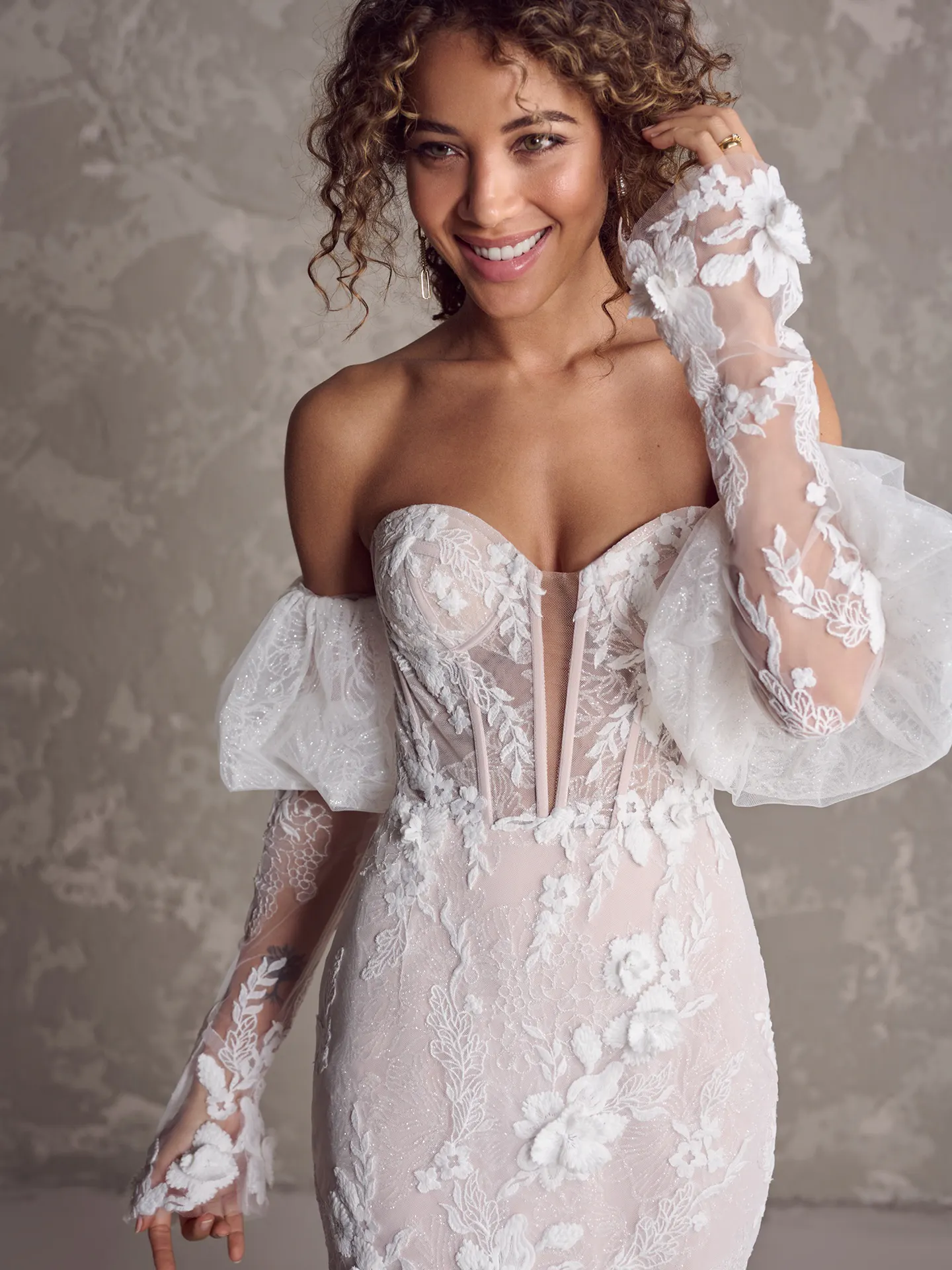 Ortensia glamorous lace bridal dress front view with lace applique by Maggie Sottero