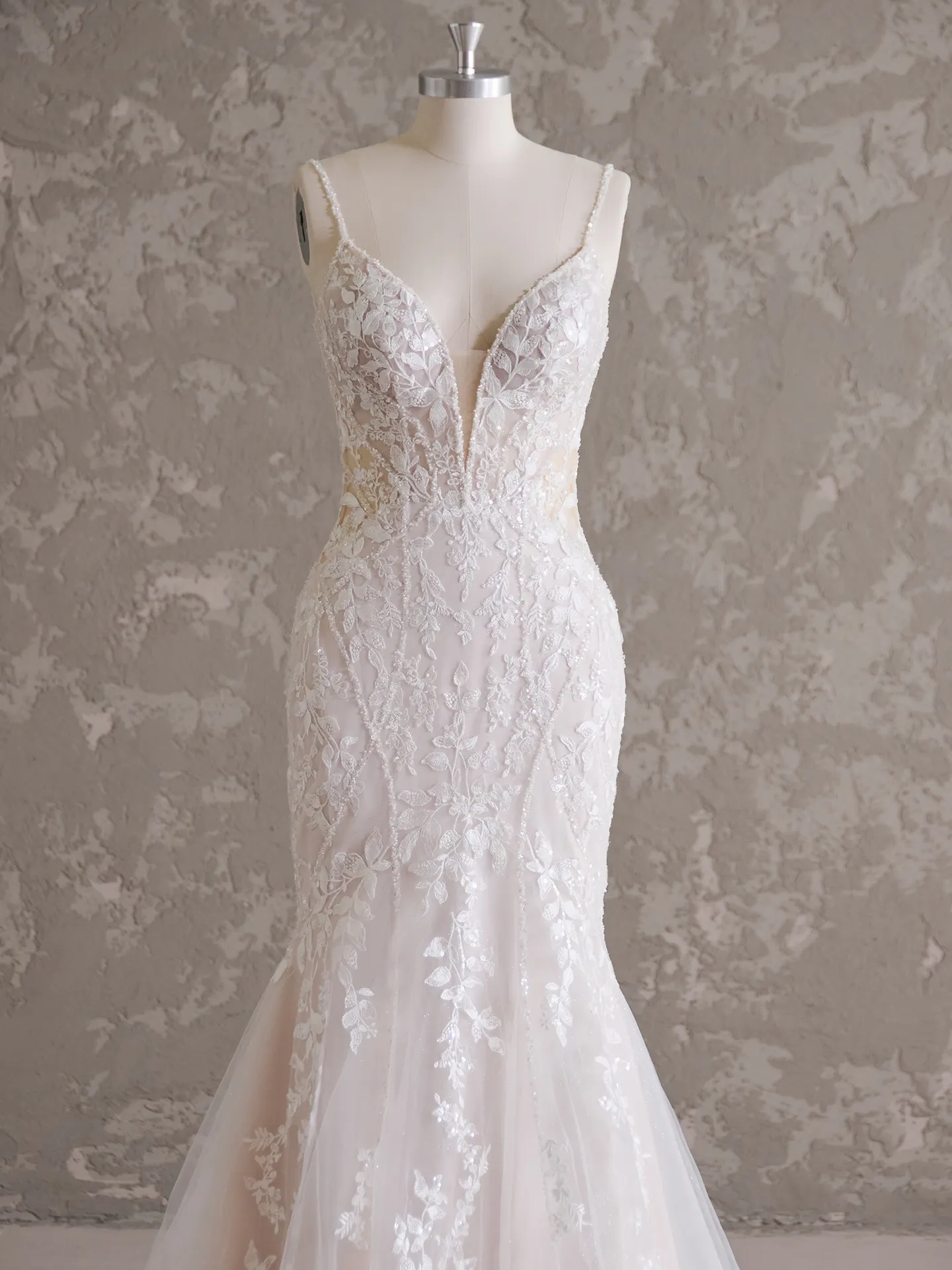 Sydney front view lace wedding dress with hip dips Maggie Sottero