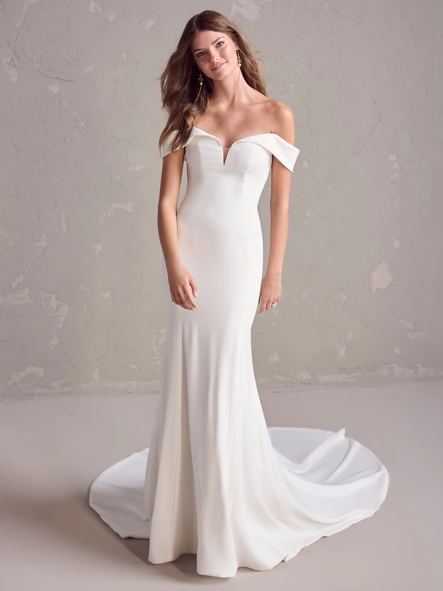 Rebecca Ingram Colby front view fit-and-flare satin and lace wedding dress