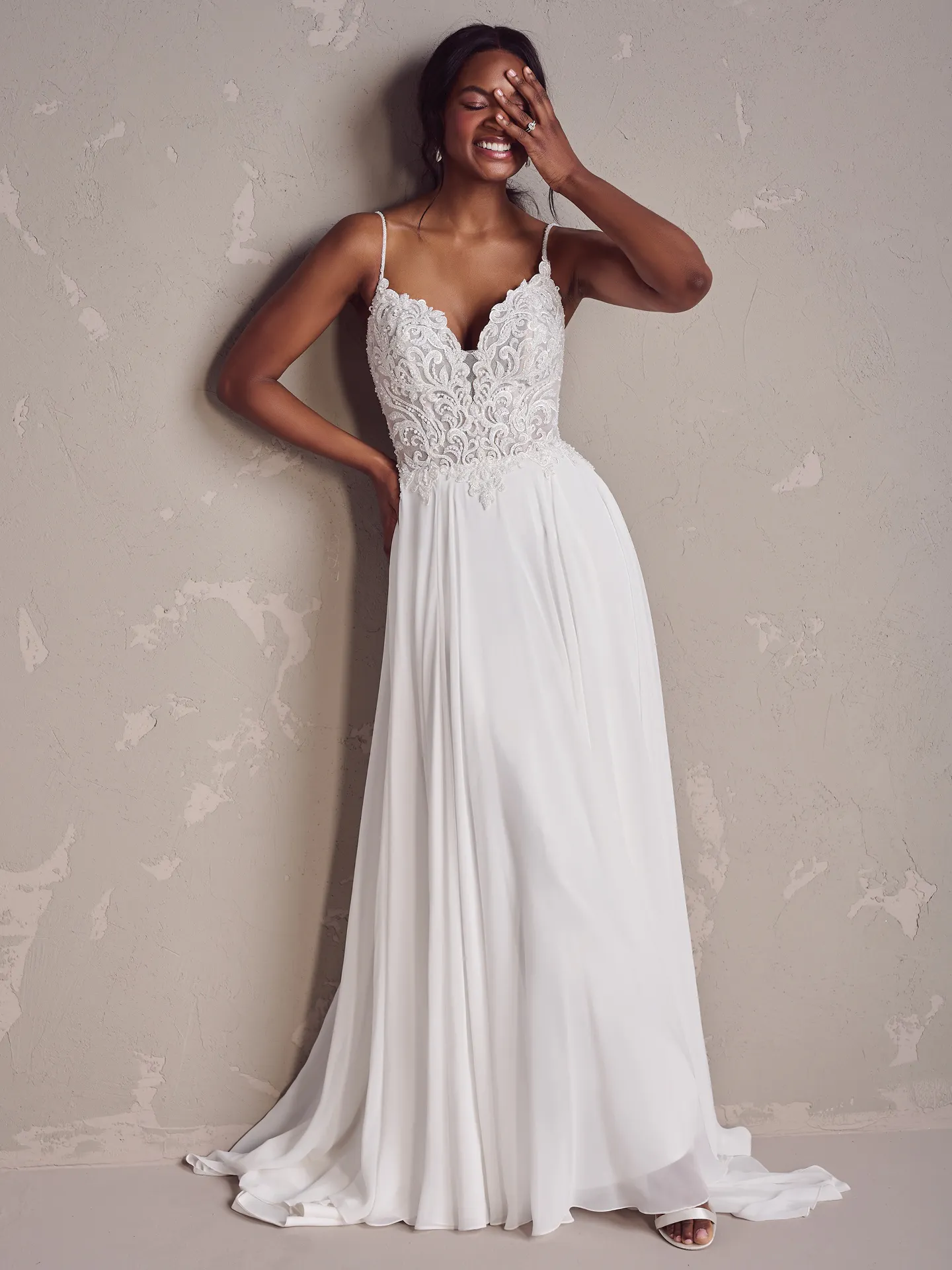 Rebecca Ingram Poppy plus size chiffon wedding dress front view