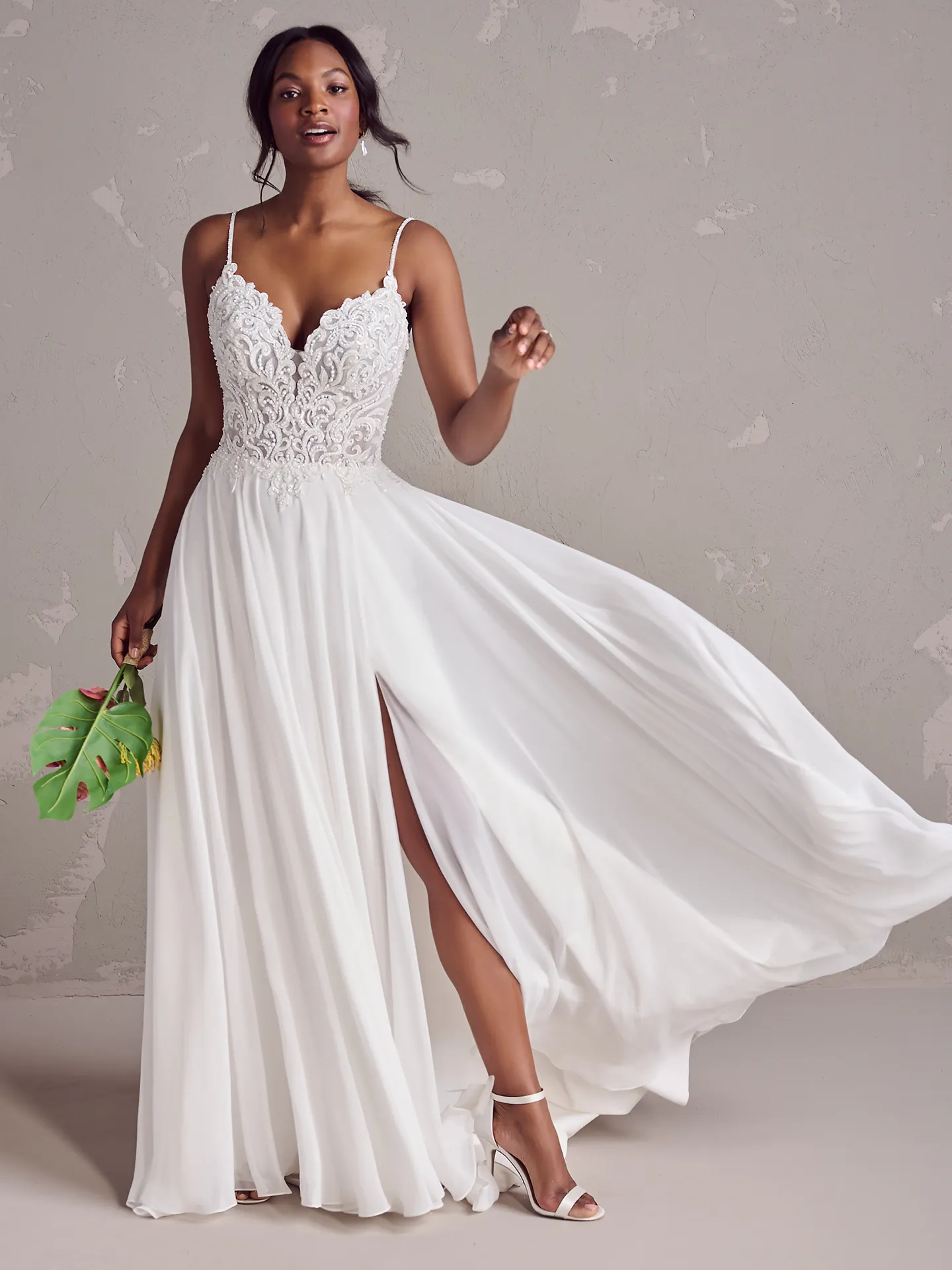 Rebecca Ingram Poppy chiffon dress front view with lace bodice and flowing skirt