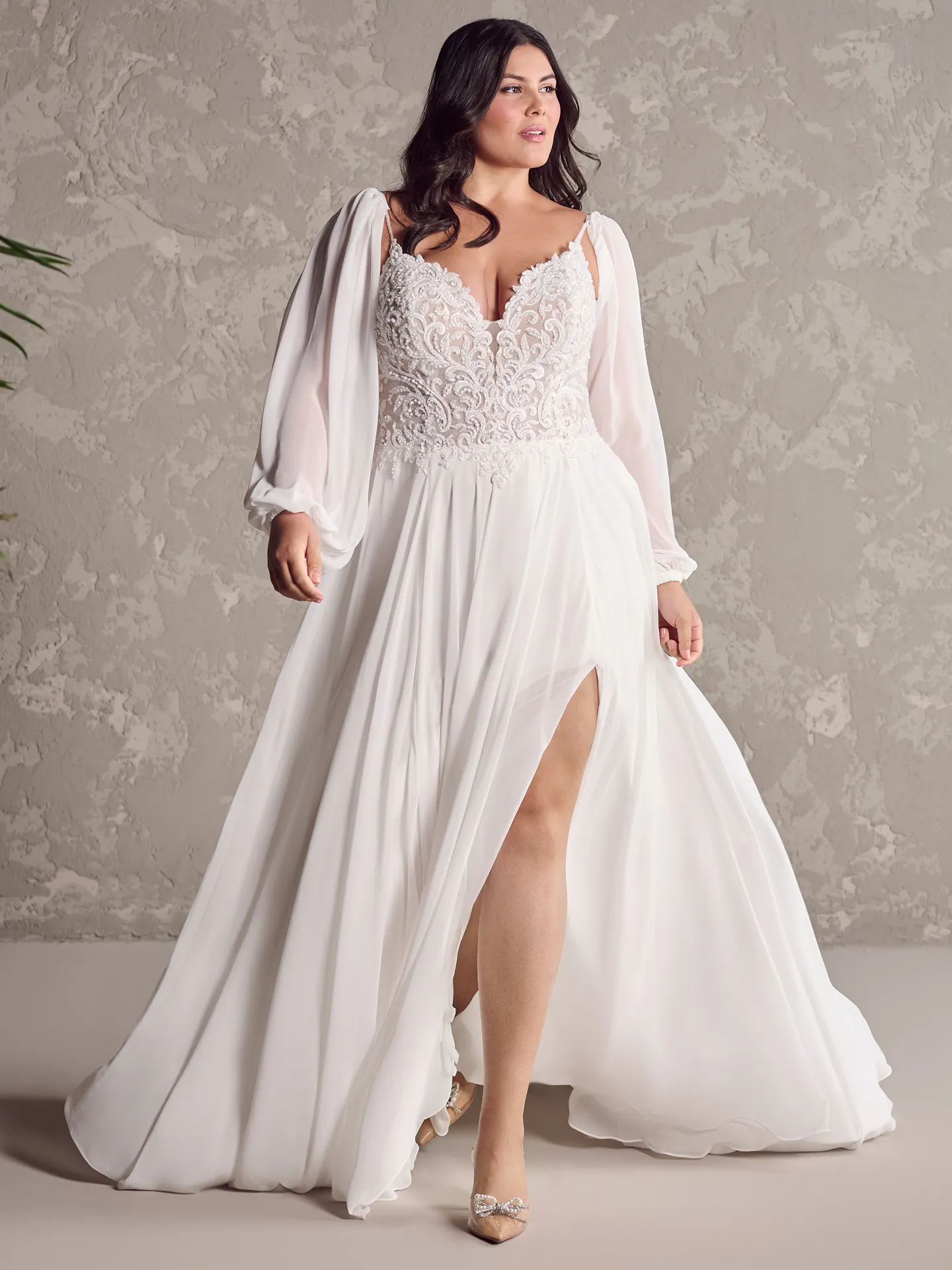 Rebecca Ingram Poppy plus size chiffon wedding dress front view