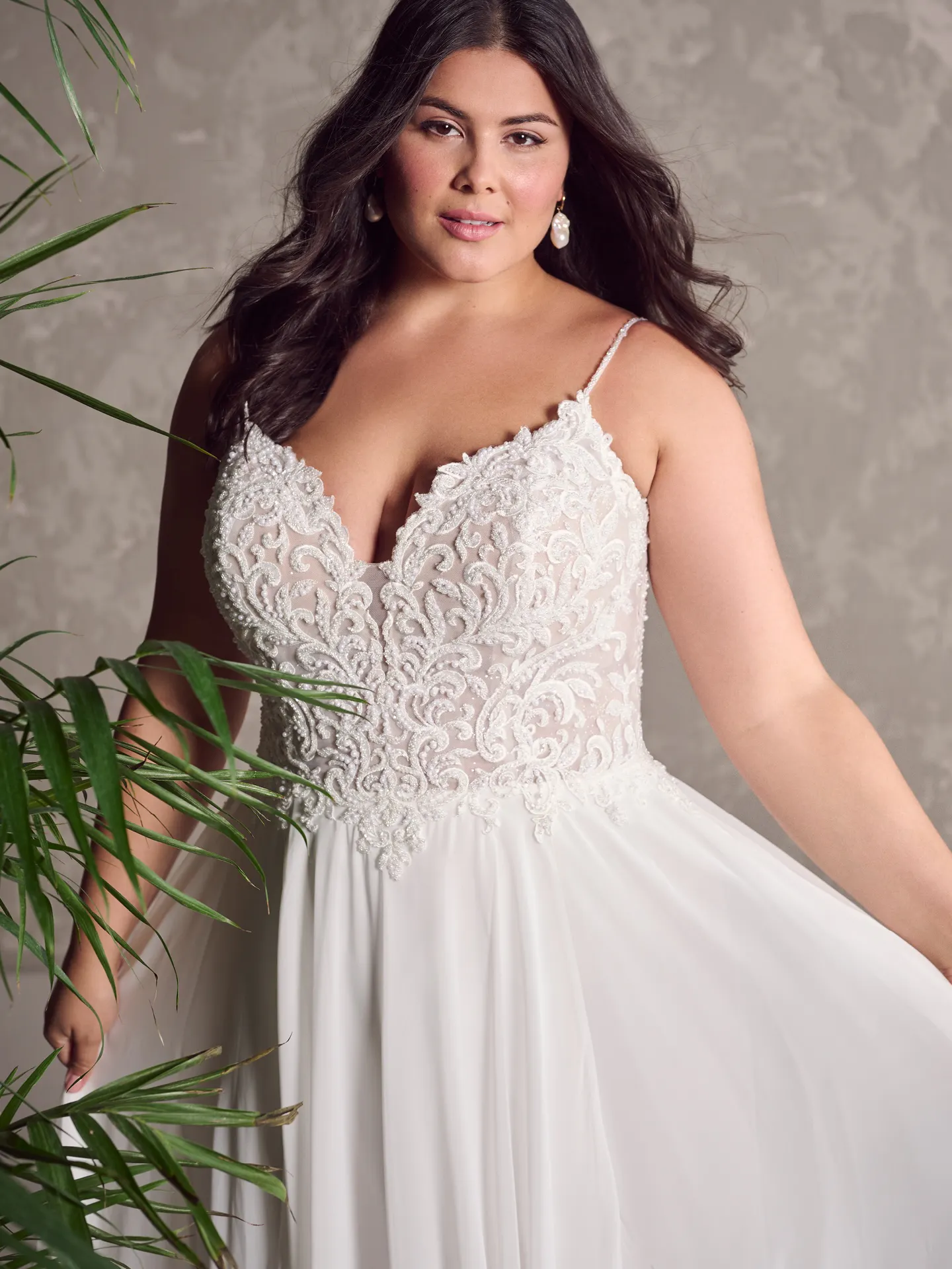 Rebecca Ingram Poppy front view chiffon wedding dress with lace top.