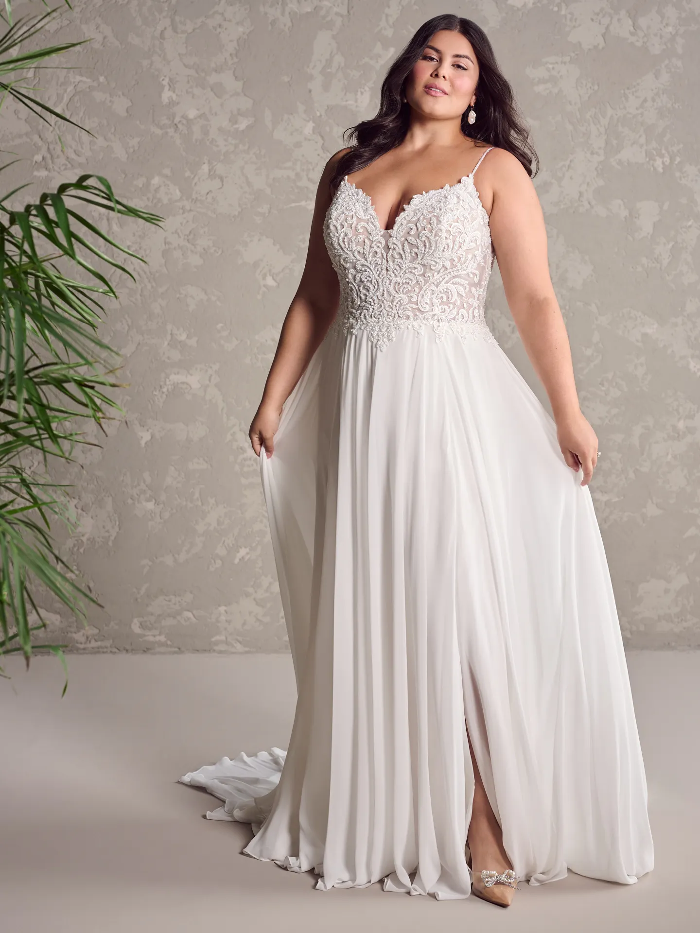 Rebecca Ingram Poppy plus size chiffon wedding dress front view