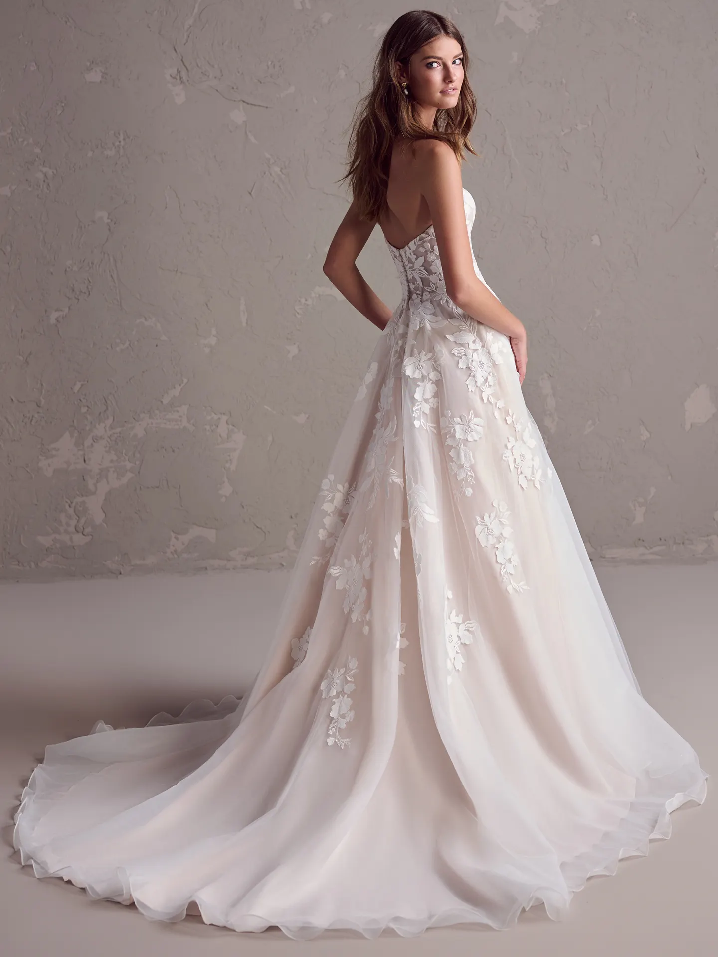 Rebecca Ingram Ruby gown back view, sweetheart neck, A-Line, floral details.