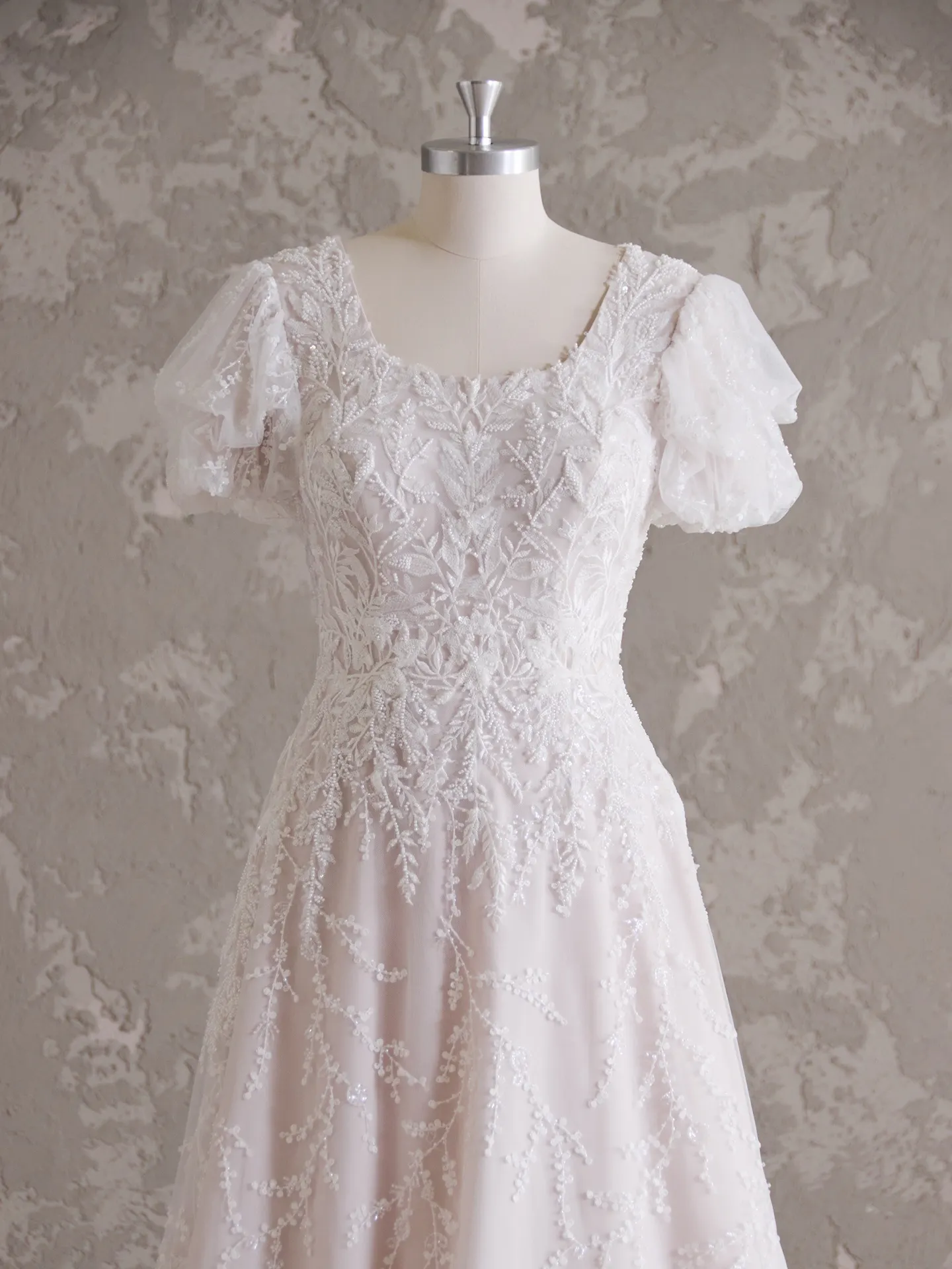 Rebecca Ingram Sonya front view scoop neckline lace details