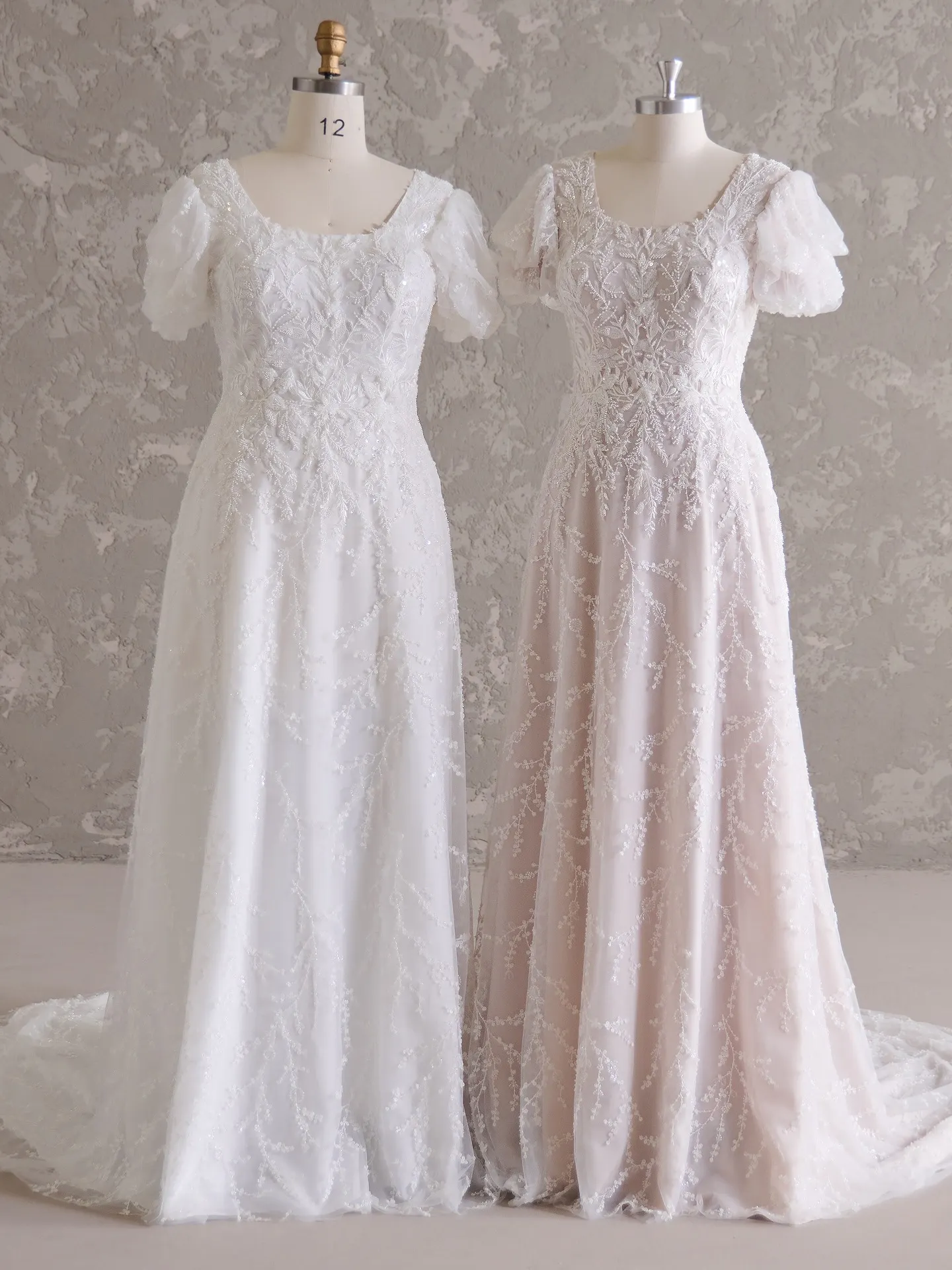Rebecca Ingram Sonya dresses front view on mannequins with scoop necklines and lace details