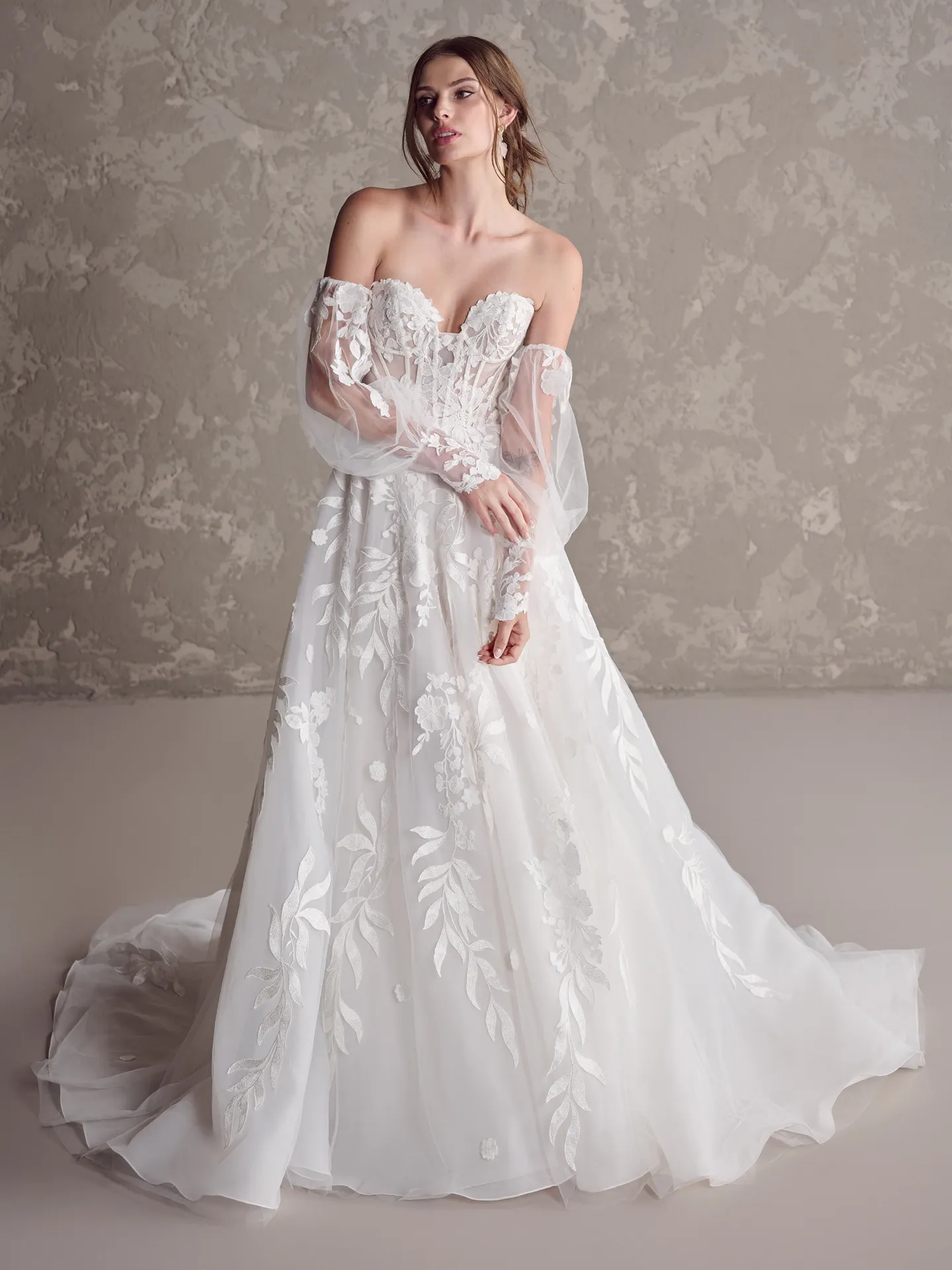 Sottero and Midgley floral lace bishop sleeves wedding dress front view