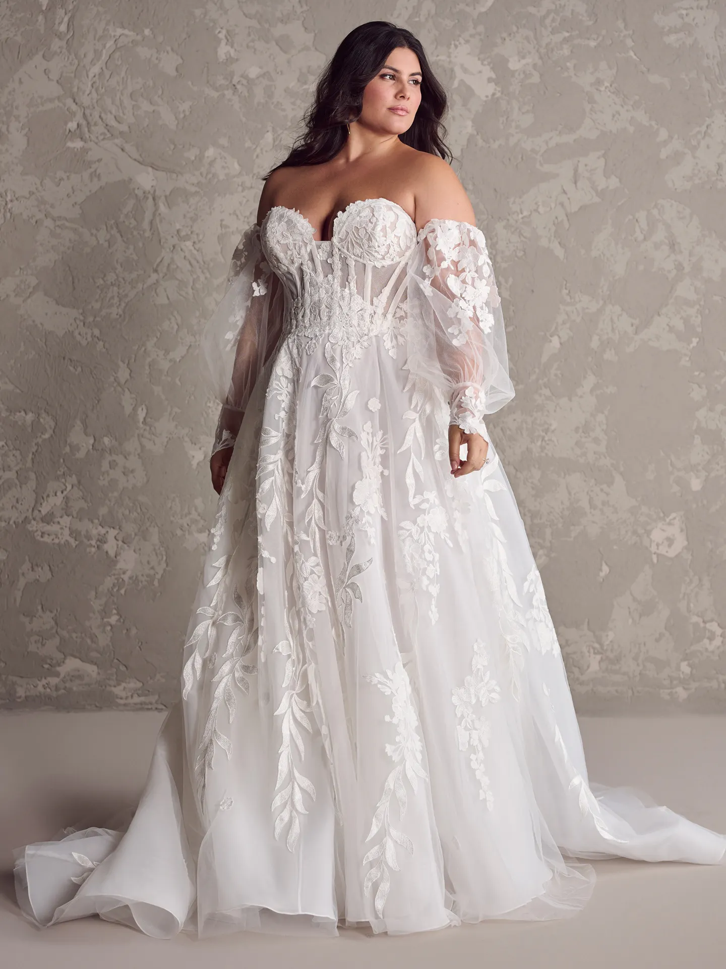 Sottero and Midgley Destin front view floral lace off-shoulder A-line bridal gown