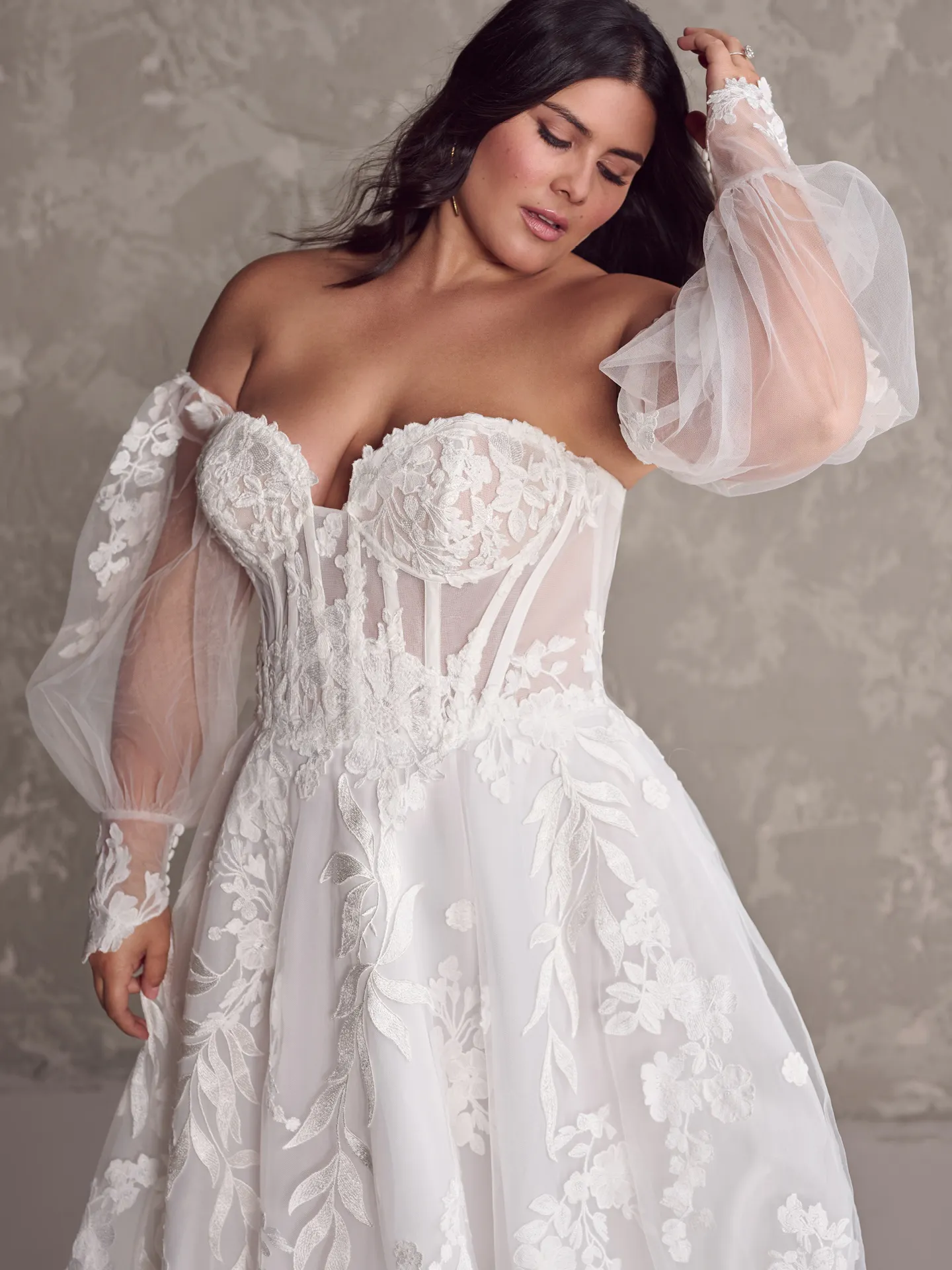 Sottero and Midgley Destin A-Line front view with floral lace and sheer sleeves