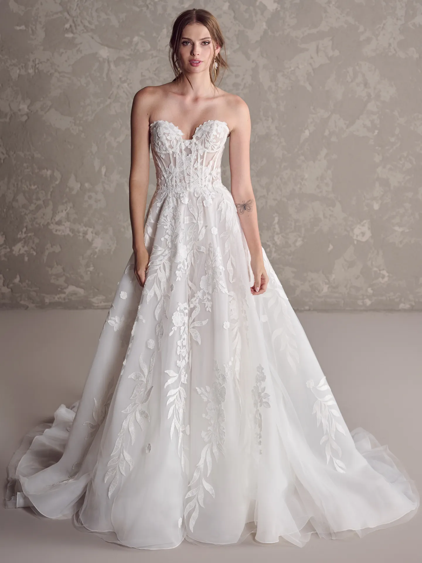 Sottero and Midgley Destin front view A-line bridal gown with floral lace detailing