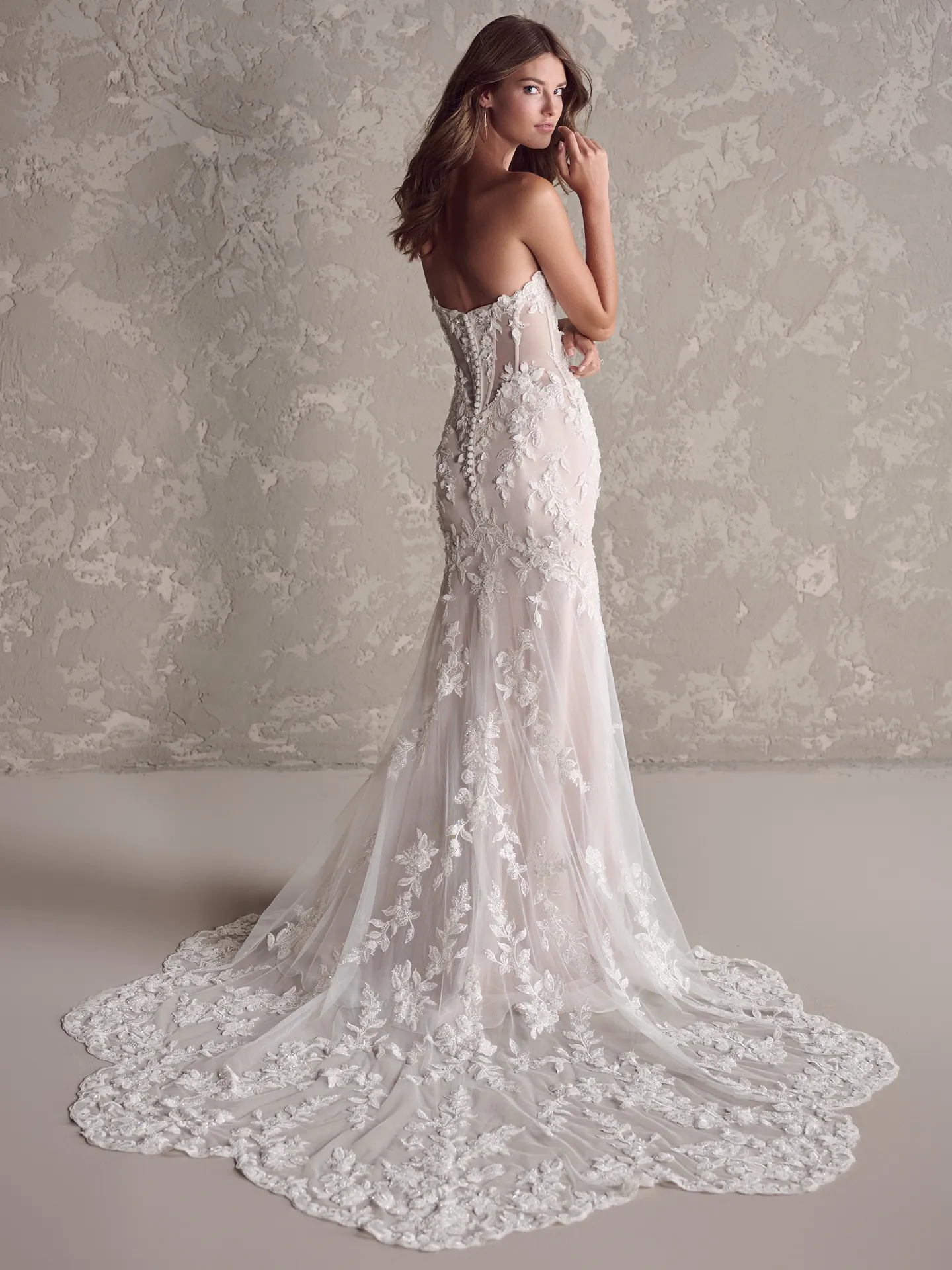 Sottero and Midgley Tanica back view, lace trumpet wedding gown
