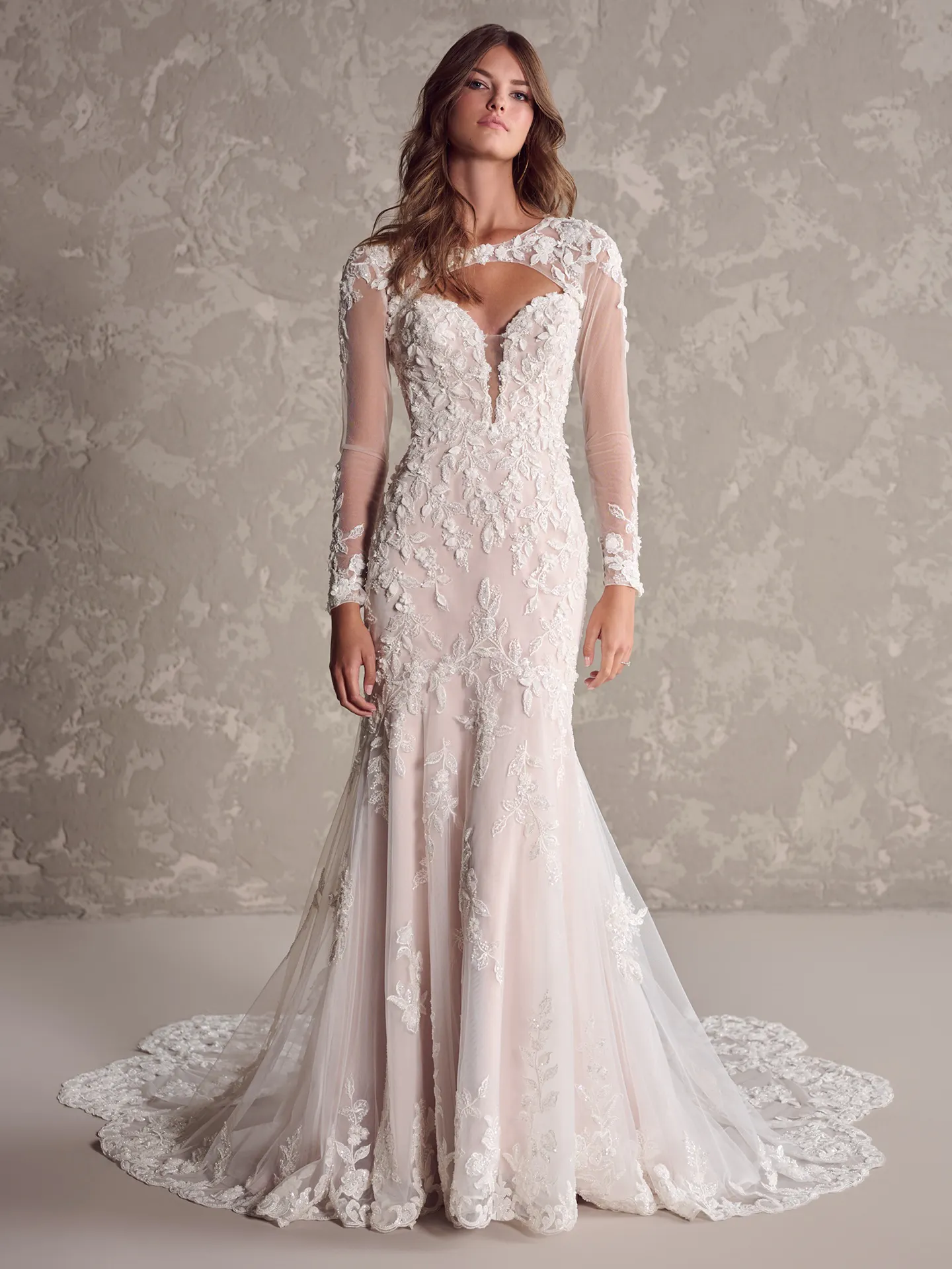Sottero and Midgley Tanica gown front view with plunging sweetheart neckline and lace details