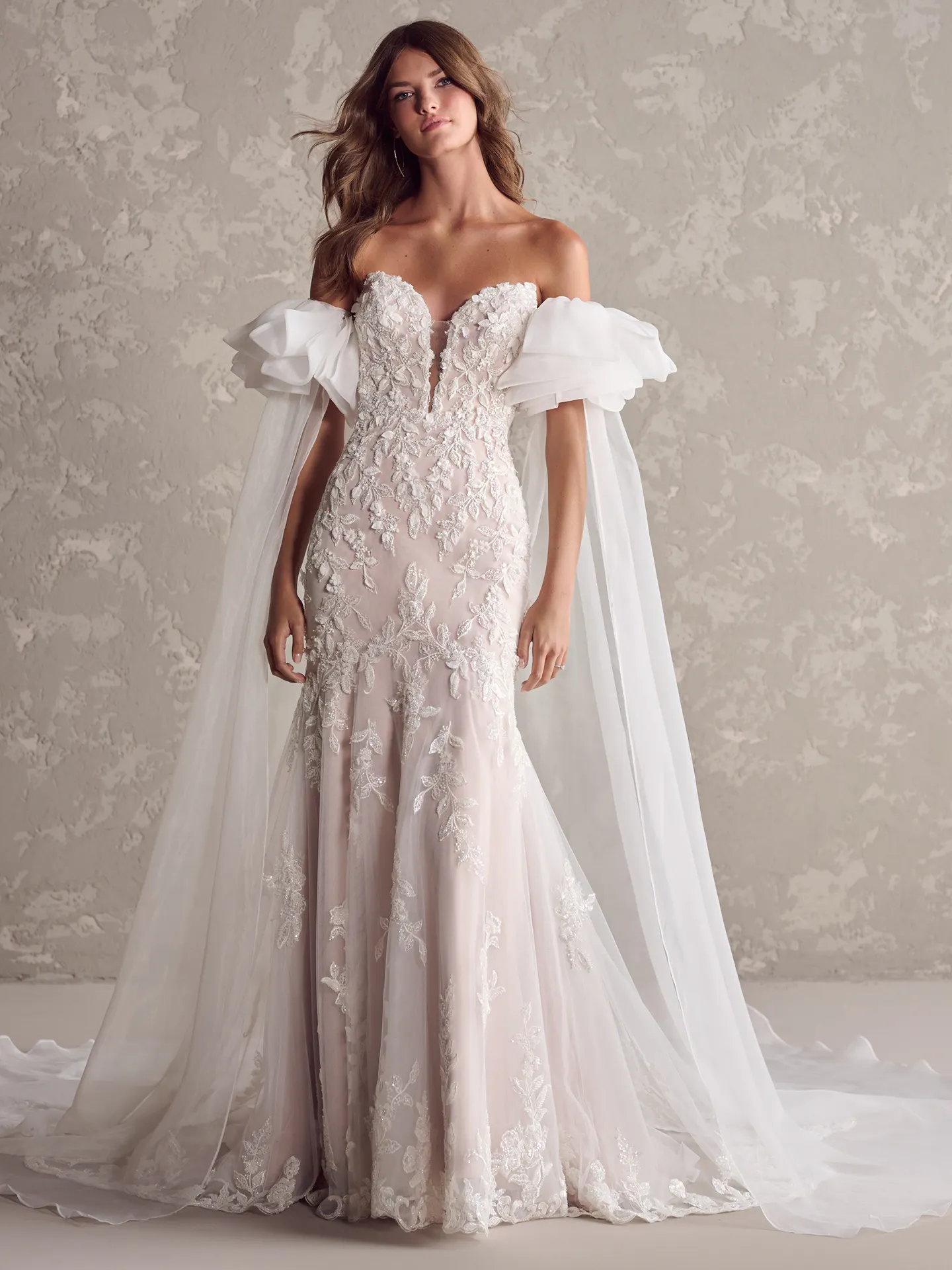 Sottero and Midgley Tanica front view gown with plunging sweetheart neckline and detachable sleeves.