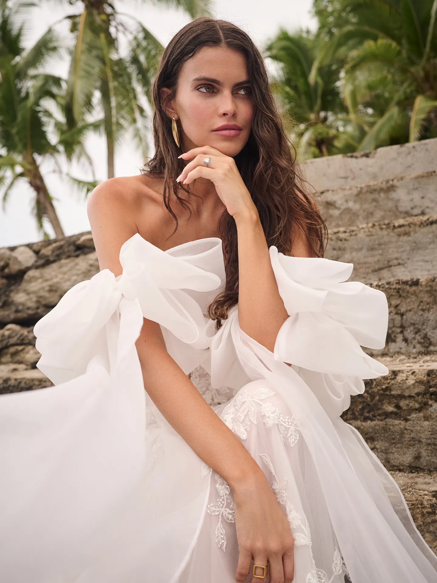 Sottero and Midgley Tanica gown front view, sweetheart neckline, tropical background