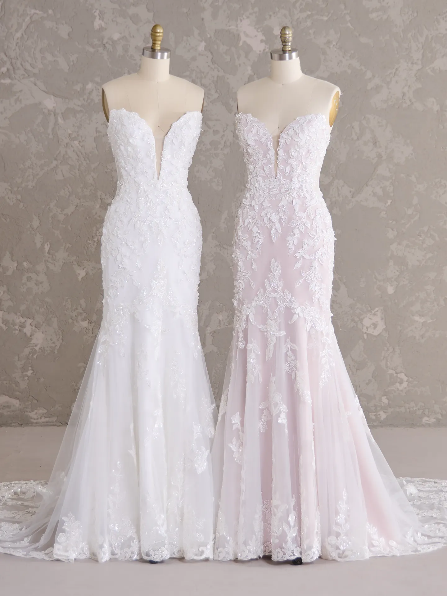 Sottero and Midgley Tanica gowns on mannequins with plunging sweetheart neckline