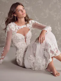 Beaded And 3D Lace Keyhole Bridal Dress Coverlet With Long Illusion Tulle Sleeves