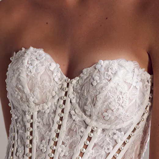 Maggie Sottero Doritte pearl embellished lace corset detail