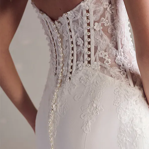 Maggie Sottero Doritte back view, lace and pearls on crepe fabric.