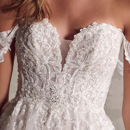 Maggie Sottero Marguerite front view lace detail A-line bridal gown