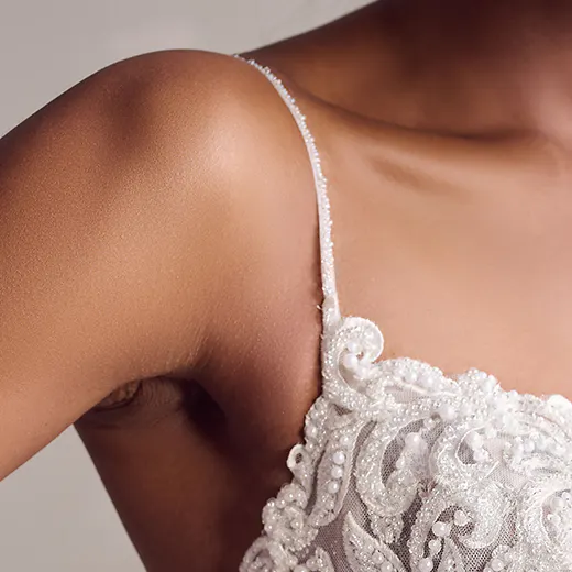 Rebecca Ingram Poppy detail close-up, beaded lace strap, plus size chiffon wedding dress.