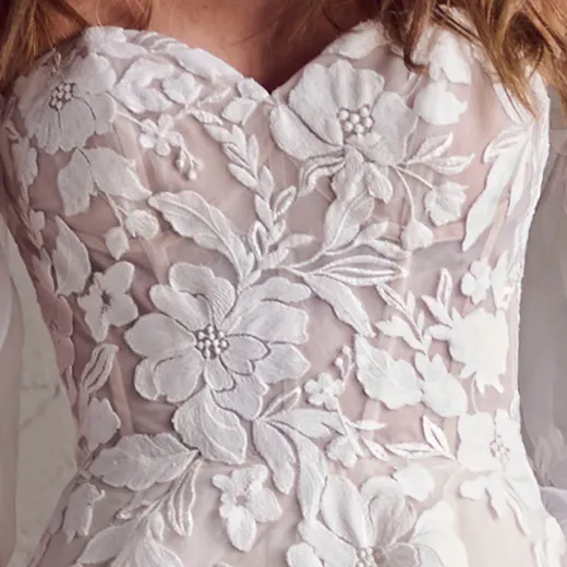 Rebecca Ingram Ruby front view, sweetheart neck, floral lace bodice