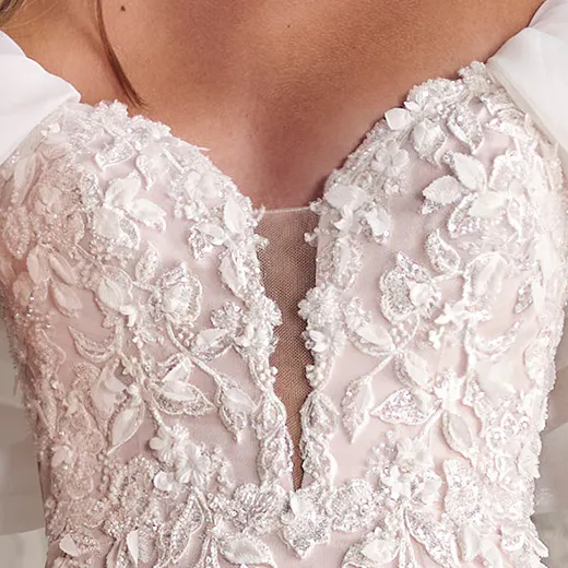 Sottero and Midgley Tanica front view, plunging sweetheart neckline with floral lace detail.