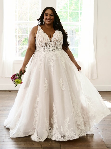 Long Sleeve Mikado Ball Gown Wedding Dress With Dropped Waist And Deep  V-neckline